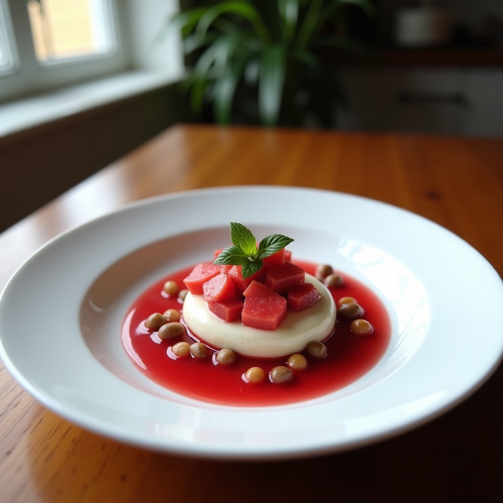 Panna cotta de color rojo intenso en molde de vidrio transparente, decorada con frambuesas frescas y hojas de menta, sobre un plato blanco rústico con fondo de madera oscura.