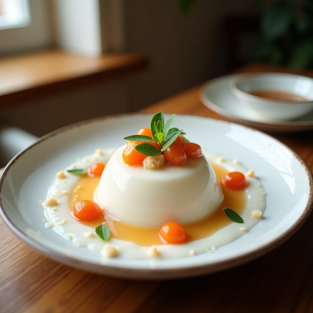 Panna Cotta de agua de rosa y pistacho servida en copas de cristal transparente, con capas de pistacho tostado picado y pétalos de rosa comestibles, fondo borroso con elementos persas como una tetera de cobre.
