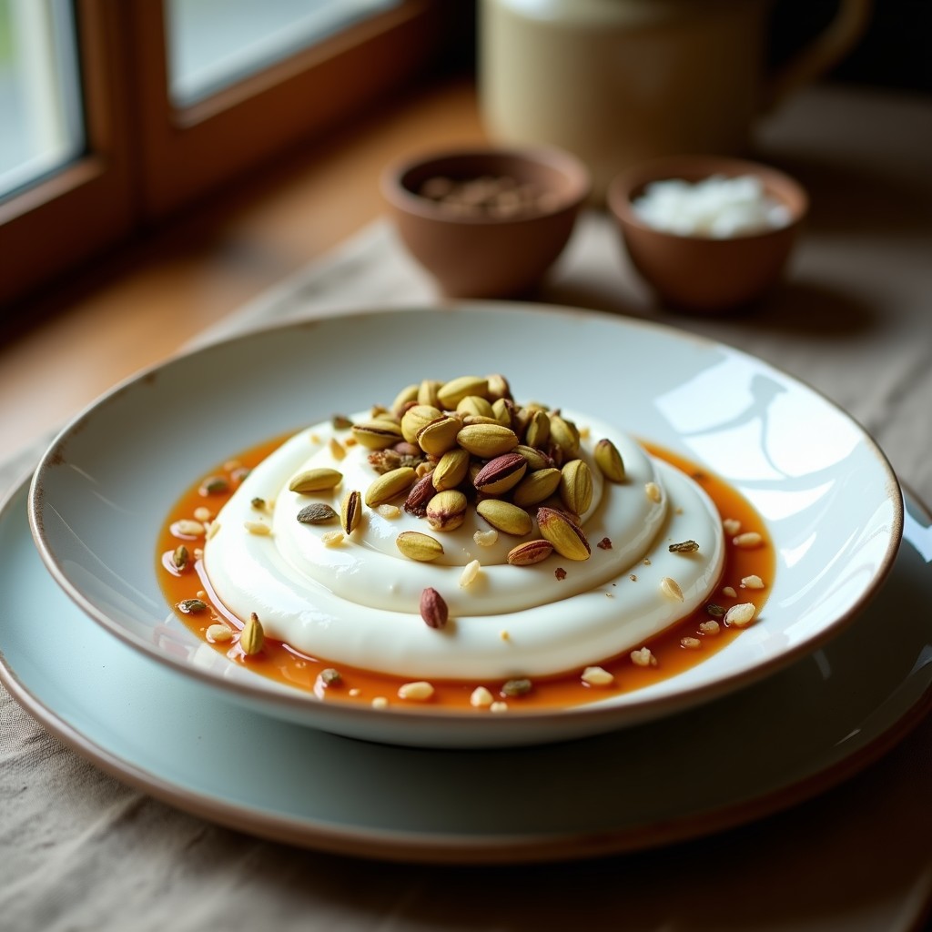 Panna Cotta de agua de rosas y pistacho en copa de cristal transparente, decorada con pistachos picados y pétalos de rosa. Textura sedosa y color crema con toques verdes del pistacho. Postre iraní keto sin azúcar.
