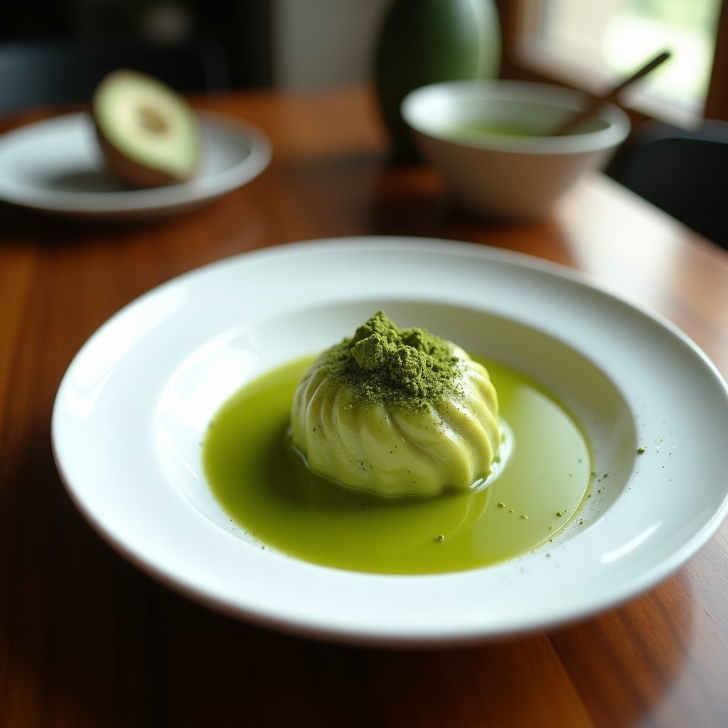 Panna Cotta de Aguacate y Matcha servida en copas de cristal transparente, con capas cremosas de color verde pálido, decorada con semillas de sésamo tostadas y un ligero espolvoreado de matcha. Postre keto sin azúcar y sin lactosa, sobre fondo de madera rústica con hojas de menta.