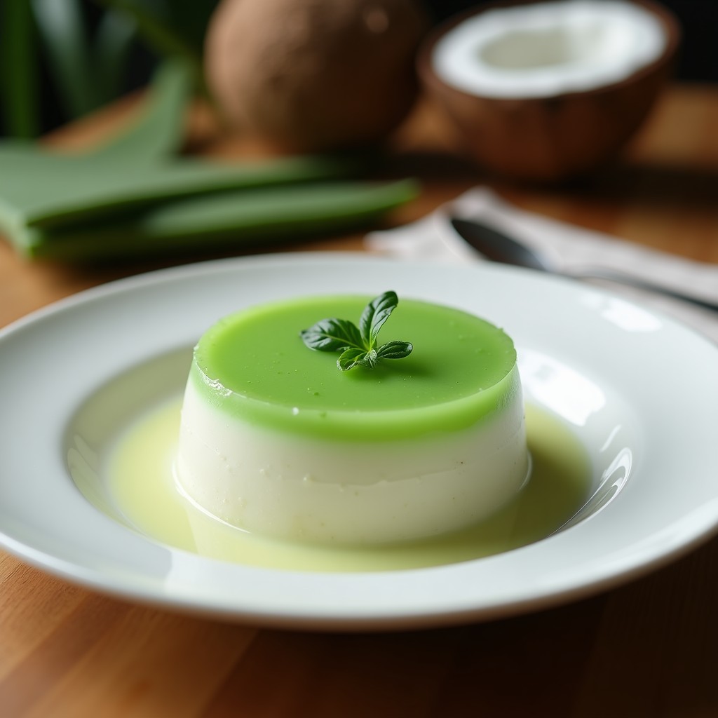 Panna Cotta vegana en frasco de vidrio transparente, con capas cremosas de color blanco amarillento, coronada por un couli brillante de maracuyá amarillo dorado y decorada con una hoja de menta fresca. Fondo borroso con ingredientes como limones, aloe vera y maracuyás enteros.
