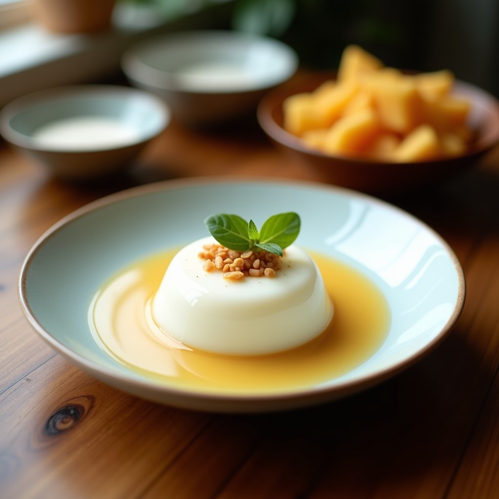 Panna Cotta de Coco y Frutos Rojos vegana en cope de cristal, con textura cremosa y gelificada, coronada por frambuesas frescas, arándanos y semillas de chía, sobre fondo blanco con detalles de coco rallado.