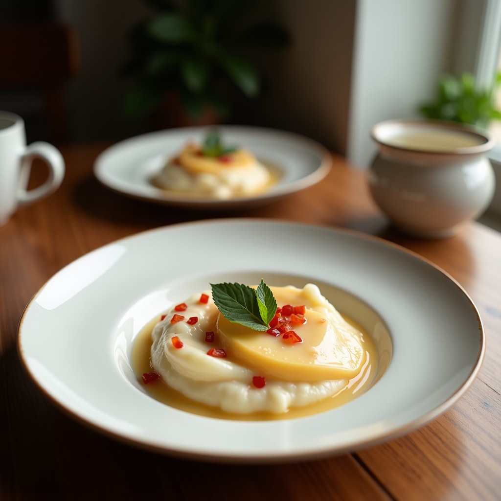 Copa de cristal transparente con Panna Cotta de Coco y Maracuyá en dos capas: base cremosa blanca y superior amarilla vibrante. Decorada con coco rallado tostado y semillas de maracuyá. Fondo borroso con hojas tropicales y luz natural.