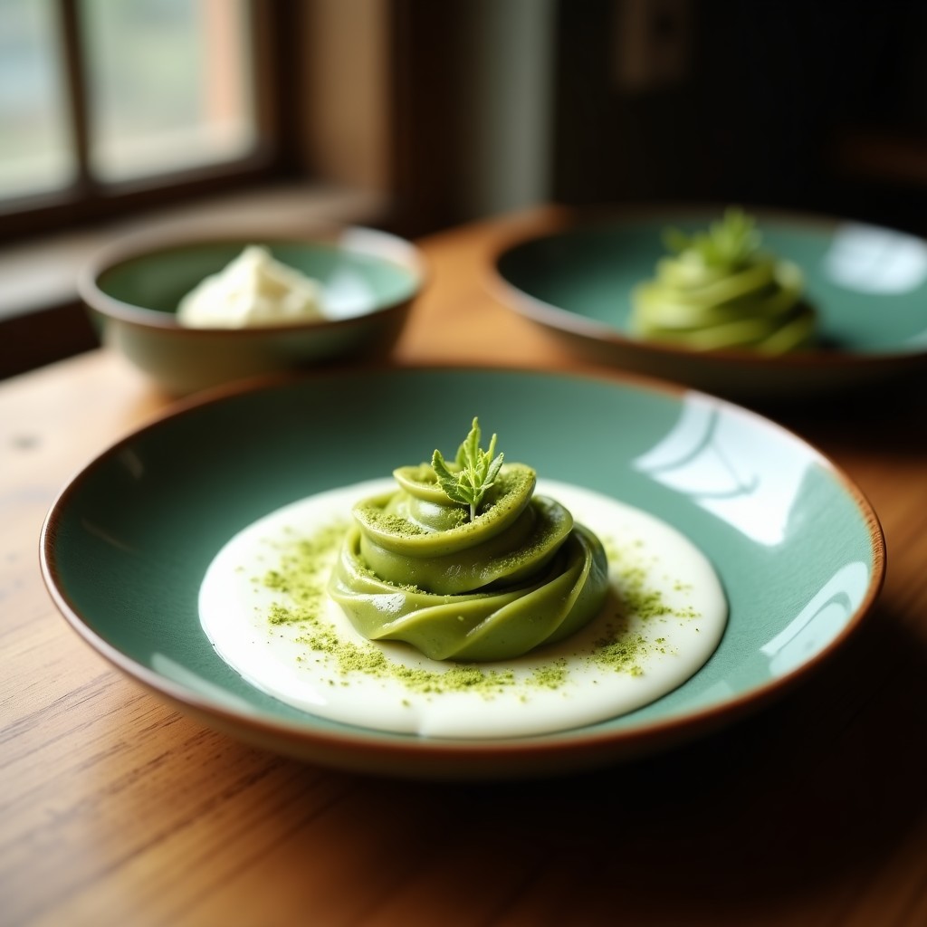 Panna cotta vegana de coco y matcha servida en copa de cristal transparente, con capas cremosas de color verde pálido, coronada con crujiente de sésamo negro tostado y un hilo de sirope de arce. Fondo minimalista con detalles de coco rallado.