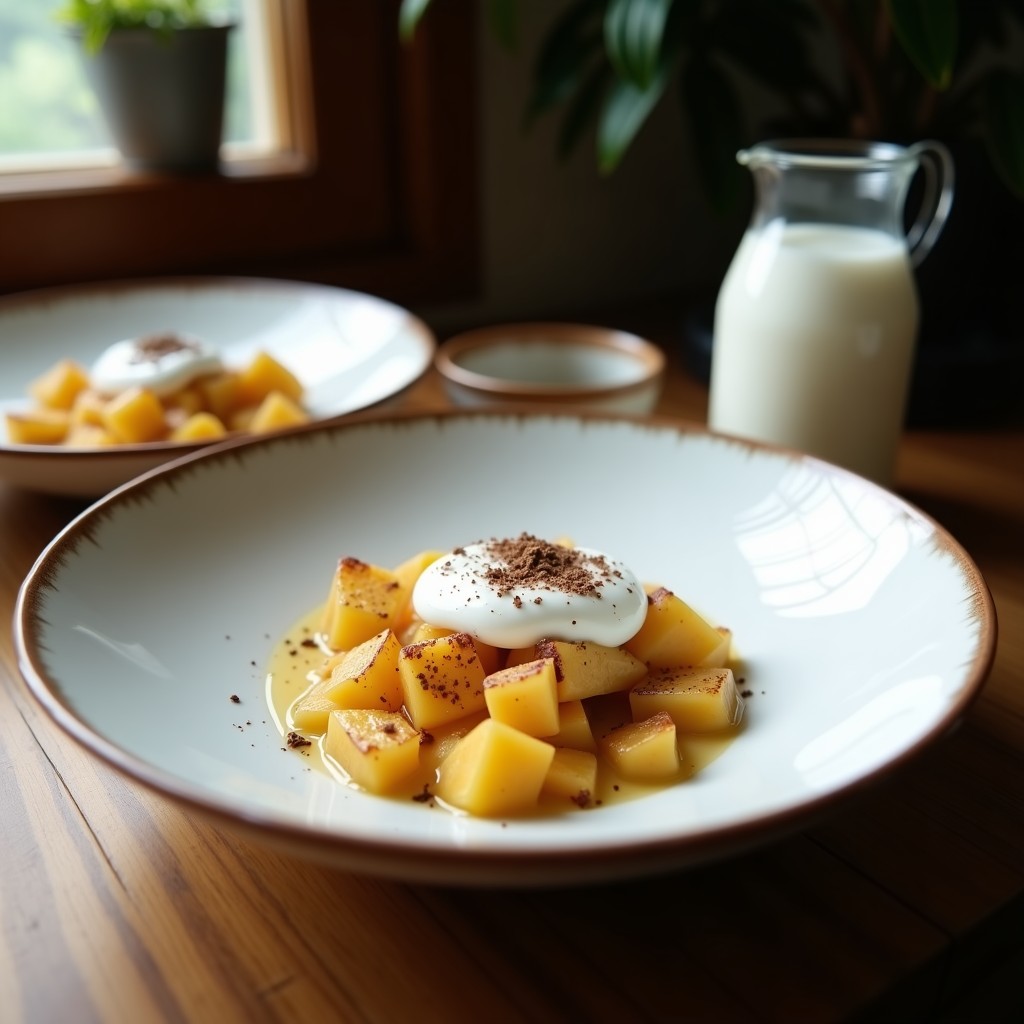 Panna Cotta de Leche de Coco y Raíz de Maca servida en copas de cristal transparente, con semillas de sésamo tostadas espolvoreadas encima. Postre peruano sin azúcar, cremoso y de color beige dorado, sobre una mesa de madera rústica con hojas de menta como decoración.
