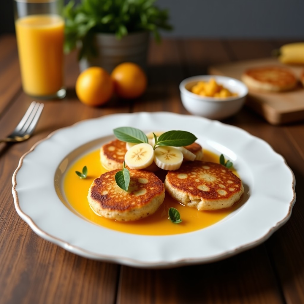 Plato blanco con tres panqueques dorados de avena y banana apilados, bañados en compota de arándanos espesa y brillante, decorados con semillas de chía. Desayuno sin harina y sin azúcar, servido sobre una mesa de madera rústica con una taza de café al fondo.