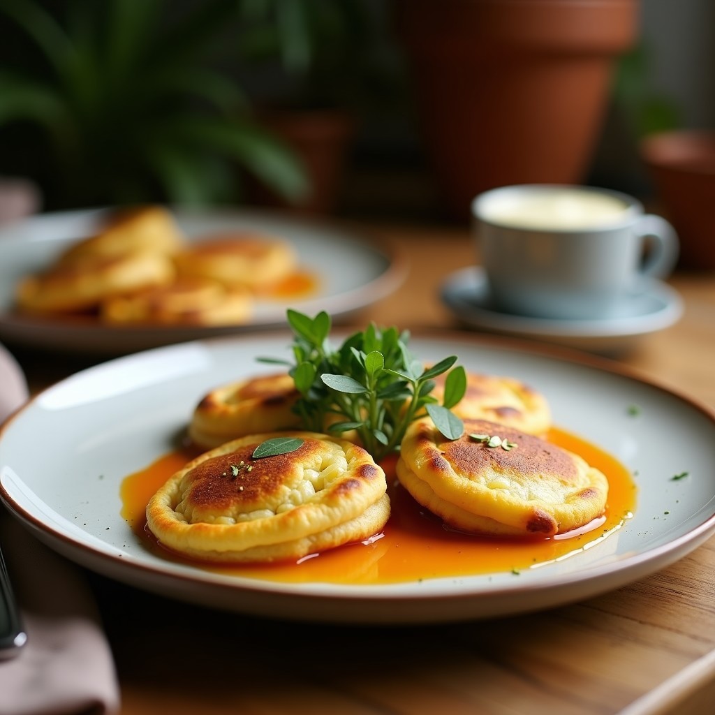 Panqueques dorados de avena y espinacas con queso vegano fundido, apilados en un plato blanco con semillas de chía visibles. Receta sin gluten perfecta para tupper, acompañados de aguacate y salsa de tahini.