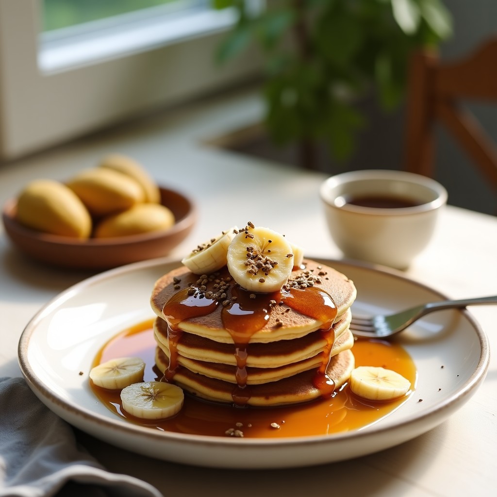 Pila de panqueques dorados de avena y semillas de chía con sirope de dátil brillante, decorados con semillas de chía tostadas y rodajas de plátano sobre un plato blanco rústico, desayuno vegano sin harina.