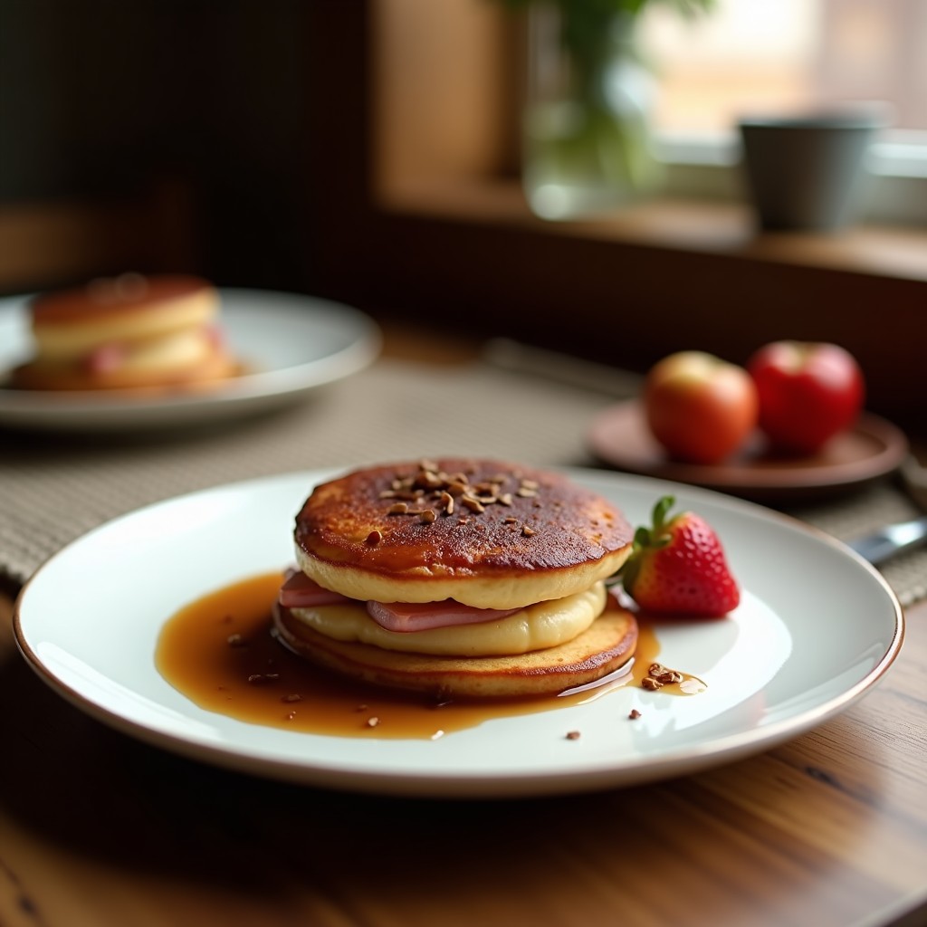 Pila de panqueques esponjosos de cacao y banano sin harina, dorados por fuera, decorados con nueces picadas y un hilo de miel, sobre un plato blanco con fondo rústico.