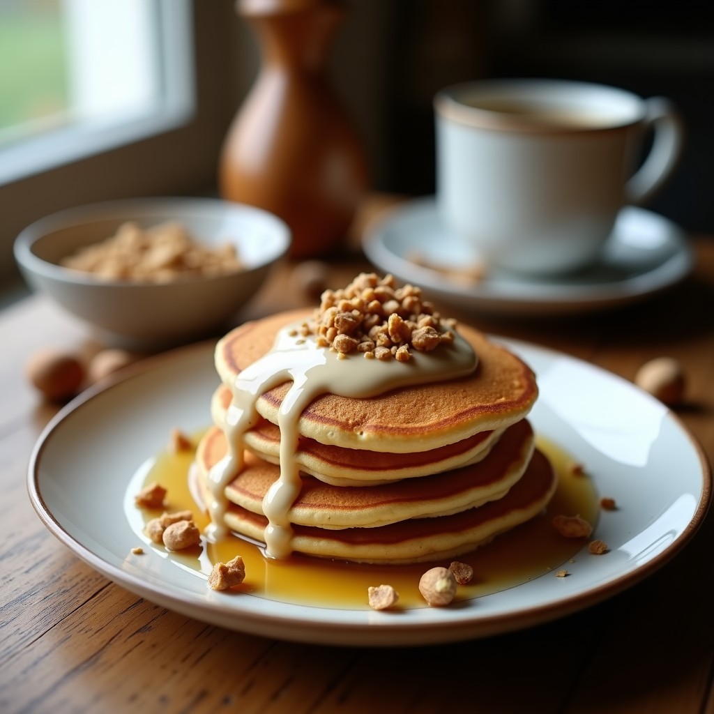 Pila de panqueques dorados de harina de castaña con crema de avellana espesa y brillante, decorados con avellanas picadas y un chorrito de miel. Plato de desayuno saludable sin gluten ni lácteos sobre fondo rústico de madera con taza de café.