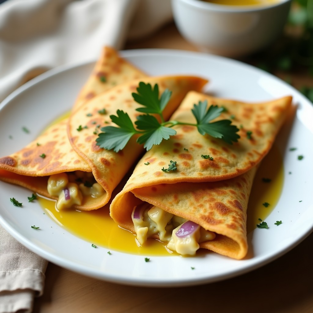 Panqueques dorados de harina de garbanzo rellenos de pollo al curry con espinacas, cilantro fresco y rodaja de limón, servidos en plato blanco sobre fondo rústico de madera.