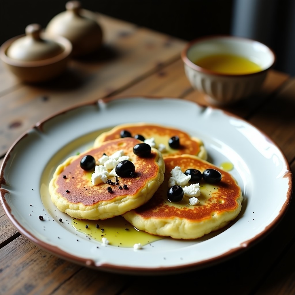 Plato blanco con panqueques dorados de harina de almendra y puré de alcachofa, decorados con aceitunas negras picadas y queso feta desmenuzado, servidos con un chorrito de aceite de oliva virgen extra sobre fondo rústico de madera.