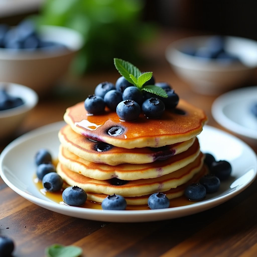 Pila de panqueques dorados de harina de almendra y blueberries keto, servidos en un plato blanco con arándanos frescos y un chorrito de sirope sin azúcar. Desayuno sin gluten y bajo en carbohidratos.