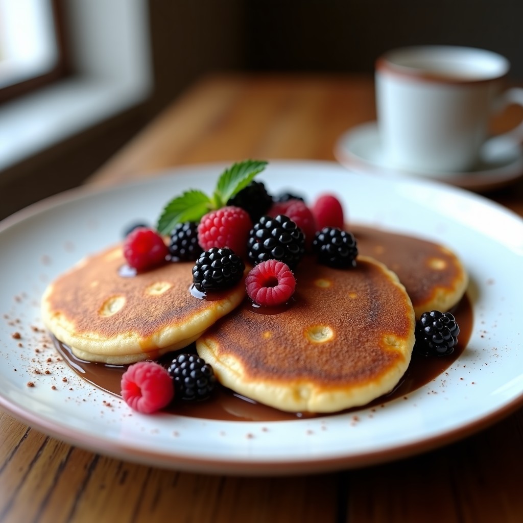 Plato blanco con panqueques dorados de harina de castaña y trozos de chocolate negro fundido, servidos con frutos rojos frescos y un hilo de crema de castañas. Desayuno francés sin gluten y sin azúcar.
