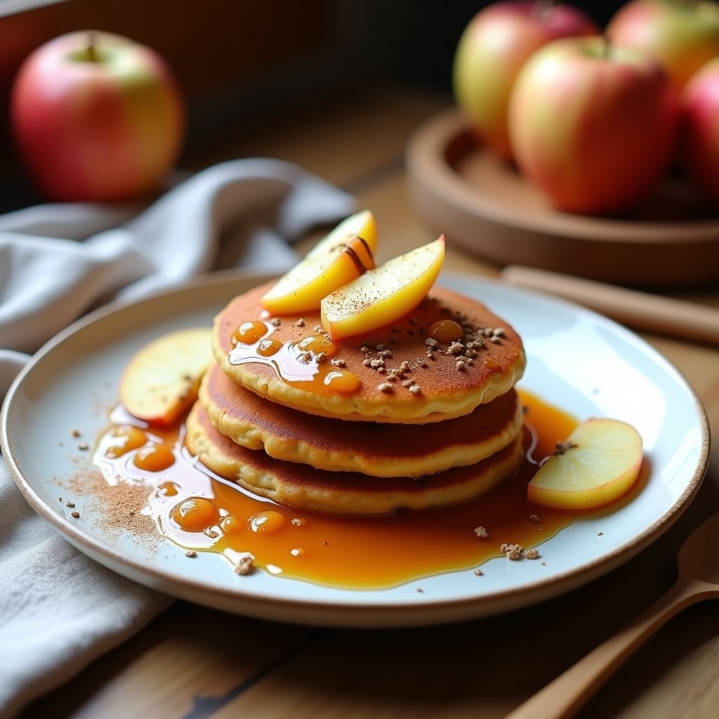 Plato blanco con tres panqueques dorados de harina de garbanzo apilados, bañados en compota de manzana y canela de color ámbar. Espolvoreados con canela en polvo y acompañados de semillas de chía y trozos de manzana fresca. Fondo rústico con servilleta de lino y cuchara de madera.