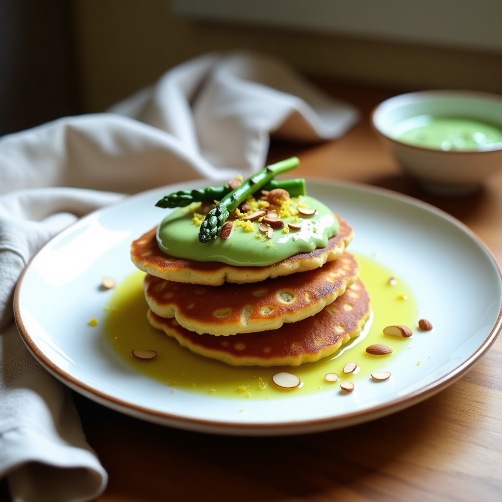 Plato blanco con panqueques dorados de harina de garbanzo apilados, cubiertos con una crema verde de espárragos, decorados con puntas de espárragos al vapor y almendras fileteadas tostadas. Desayuno keto sin cereales y alto en proteína.