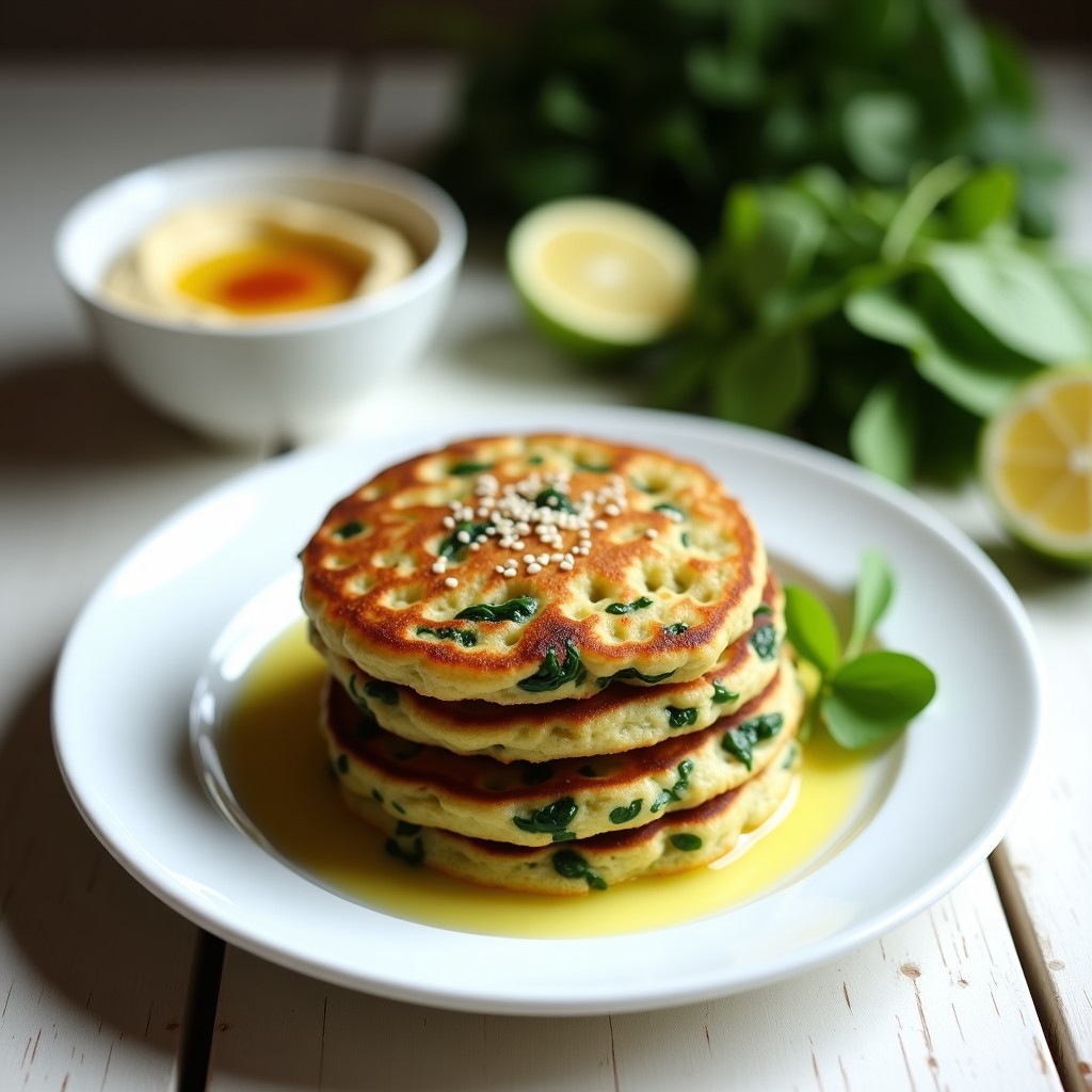 Plato blanco con tres panqueques dorados de harina de garbanzo y espinacas, apilados y decorados con semillas de sésamo, acompañados de rodajas de aguacate y un cuenco de hummus. Receta vegana sin gluten en 15 minutos.