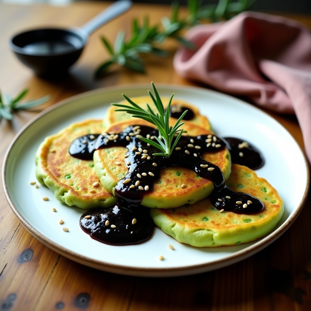 Panqueques dorados y esponjosos de harina de guisante servidos en plato blanco con salsa de ajo negro y romero, decorados con hojas de romero fresco y semillas de sésamo tostado. Receta sin gluten en airfryer.