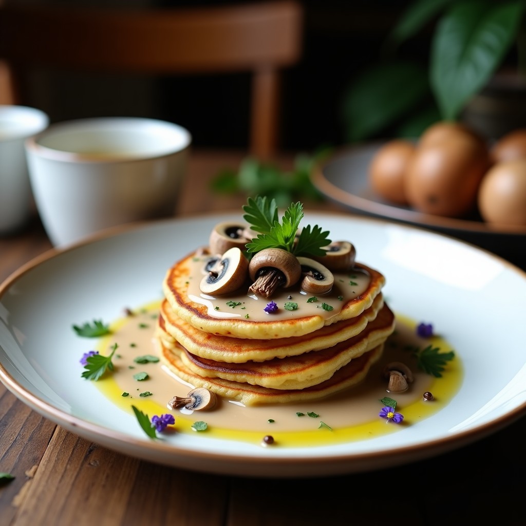 Plato de panqueques dorados de harina de lentejas apilados, cubiertos con crema de champiñones brillantes y un hilo de aceite de trufa, decorados con rodajas de champiñones frescos y perejil. Desayuno keto y alto en proteína.