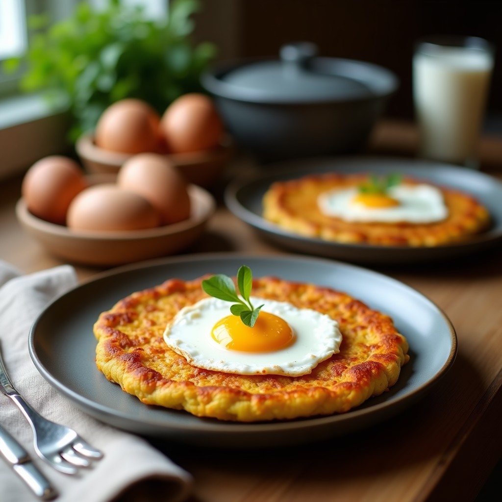 Plato blanco con panqueques dorados y esponjosos de harina de lentil, apilados y bañados en una salsa vibrante de arándanos con trocitos de jengibre. Decorados con semillas de chía y un toque de canela espolvoreada. Desayuno sin gluten y alta en hierro.