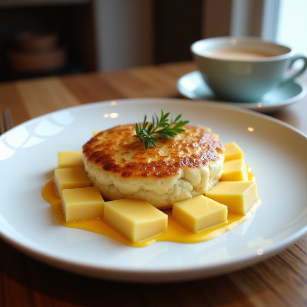 Plato rústico de barro con panqueques dorados de harina de triticale apilados, bañados en compota espesa de higos y panela, con un toque de canela en rama al lado. Desayuno colombiano tradicional servido en ambiente cálido.