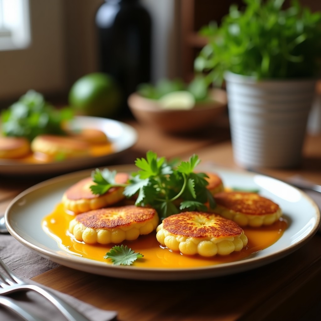 Plato de panqueques dorados de harina de lentejas apilados, bañados con salsa de mango y cilantro fresco, decorados con semillas de sésamo y rodajas de limón, sobre fondo rústico de madera.