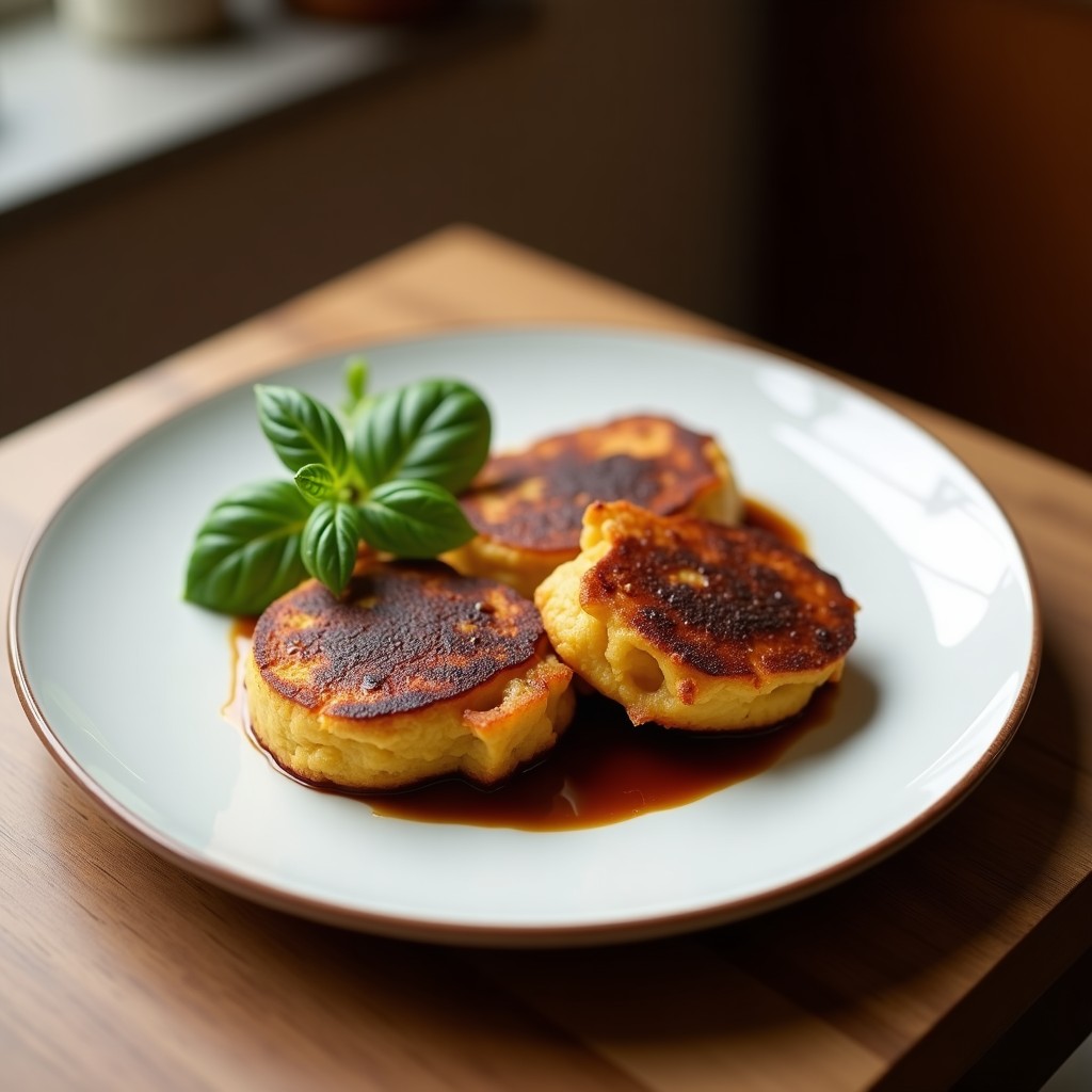 Pila de panqueques dorados de plátano macho y cacao, servidos en un plato blanco con topping de crema de almendras y frutos rojos, desayuno sin gluten y alto en potasio.
