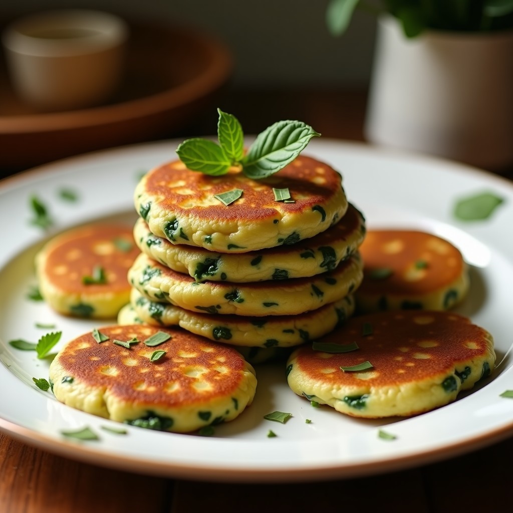 Pila de panqueques dorados de espinacas y queso feta en plato blanco, con trozos de queso feta visibles y espinacas verdes asomando. Acompañados de yogur griego y semillas de sésamo.