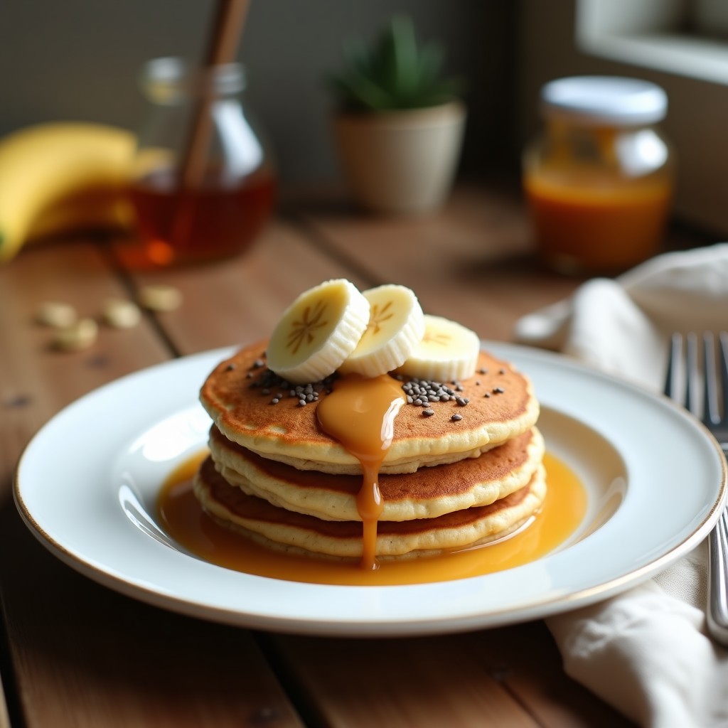 Pila de panqueques proteicos dorados de avena y plátano, servidos en plato blanco con topping de crema de cacahuete, rodajas de plátano y semillas de chía, receta sin harina.