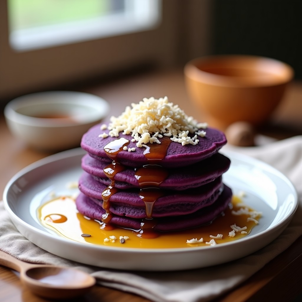 Plato de panqueques esponjosos de color morado intenso hechos con harina de sorgo y puré de batata morada, apilados y decorados con miel, coco rallado y semillas de chía sobre un mantel rústico de lino.