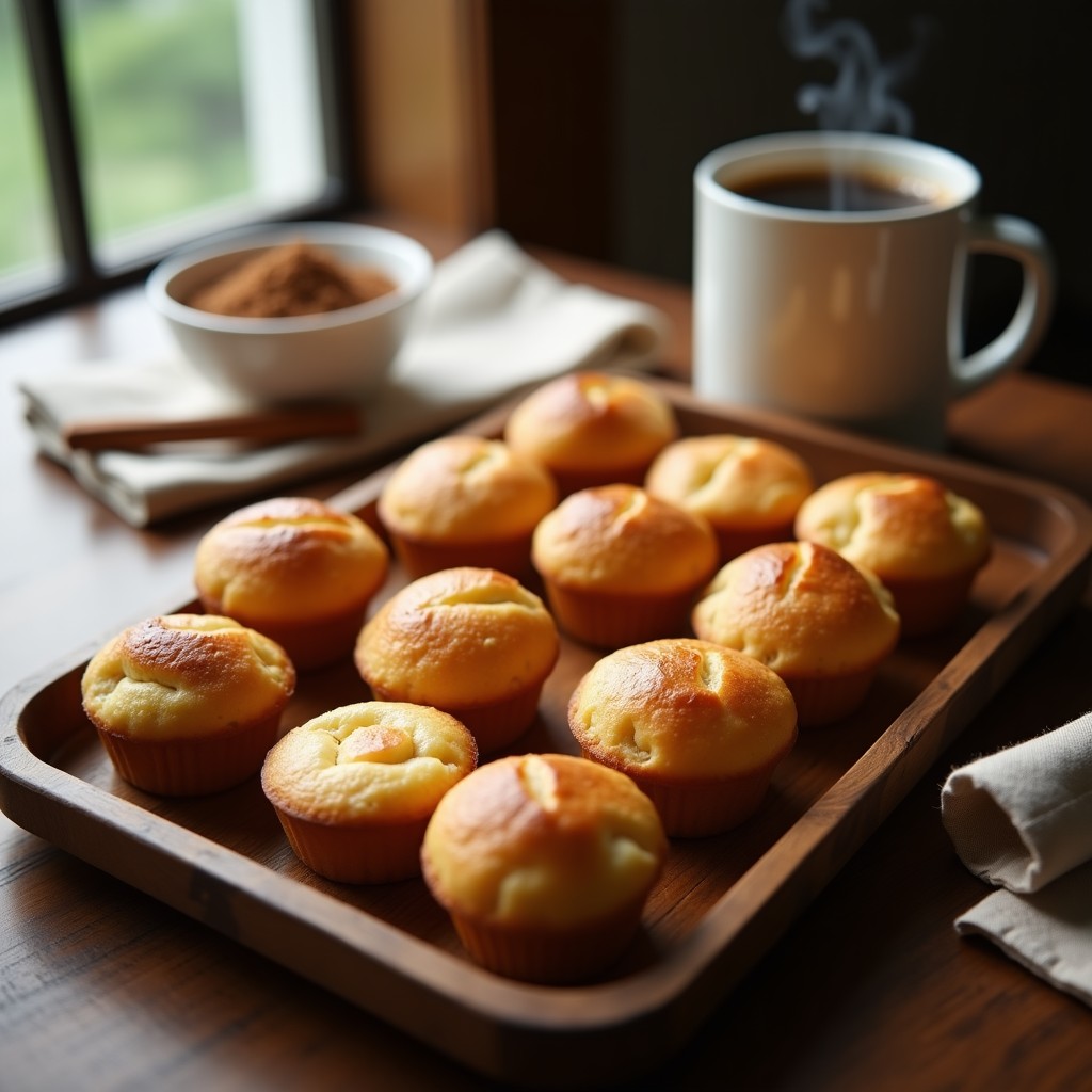 Panquesitos puertorriqueños dorados y esponjosos con vetas de café, servidos en una bandeja de madera con café humeante al fondo, receta tradicional.