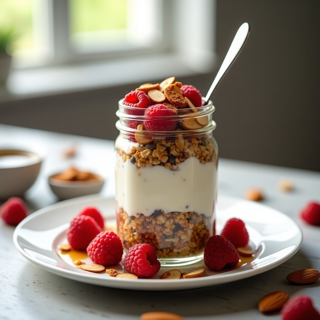 Vaso de cristal transparente con capas de parfait keto: yogur griego cremoso, granola de almendras dorada, semillas de chía, almendras fileteadas y sirope de arce en zigzag. Frambuesas frescas y canela espolvoreada en la parte superior. Fondo neutro con luz natural.