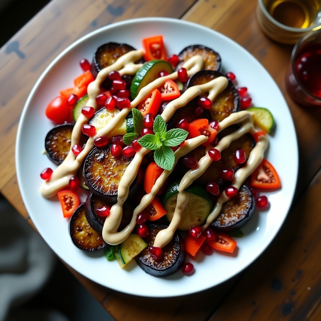 Parrillada de verduras asadas en airfryer con berenjena, calabacín, pimiento y champiñones dorados, acompañadas de aderezo cremoso de tahini y semillas de granado rojas brillantes, decoradas con hojas de menta sobre un plato de cerámica blanca con fondo rústico.