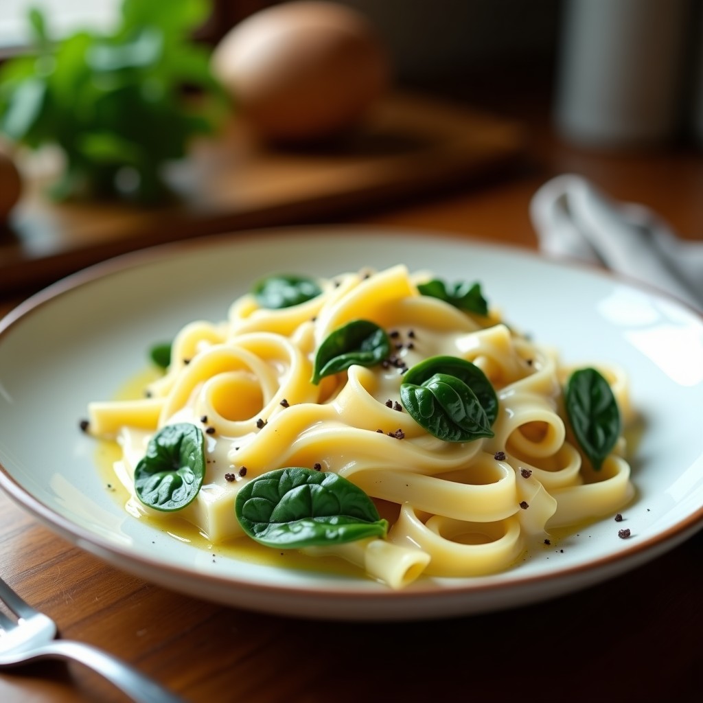 Plato hondo blanco con pasta alfredo cremosa y espinacas verdes, servida en aire libre con un tenedor de metal y un hilo de aceite de oliva brillante.