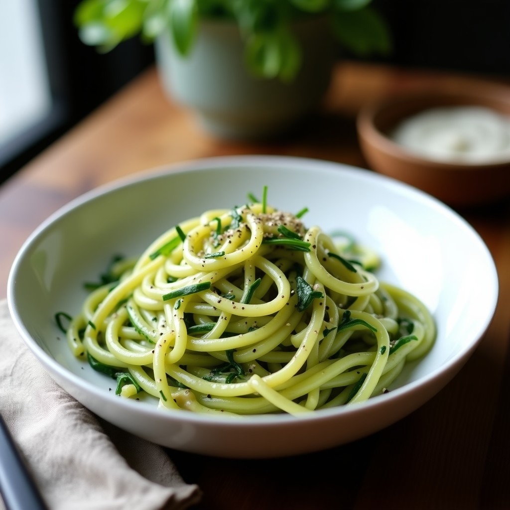 Plato hondo blanco con pasta de calabacín en tiras finas y algas wakame verdes, bañadas en una cremosa salsa de anacardos y ajo. Decorado con cebollino fresco y un toque de pimienta negra. Receta vegana y sin harina de pasta de algas y calabacín con salsa de anacardos.