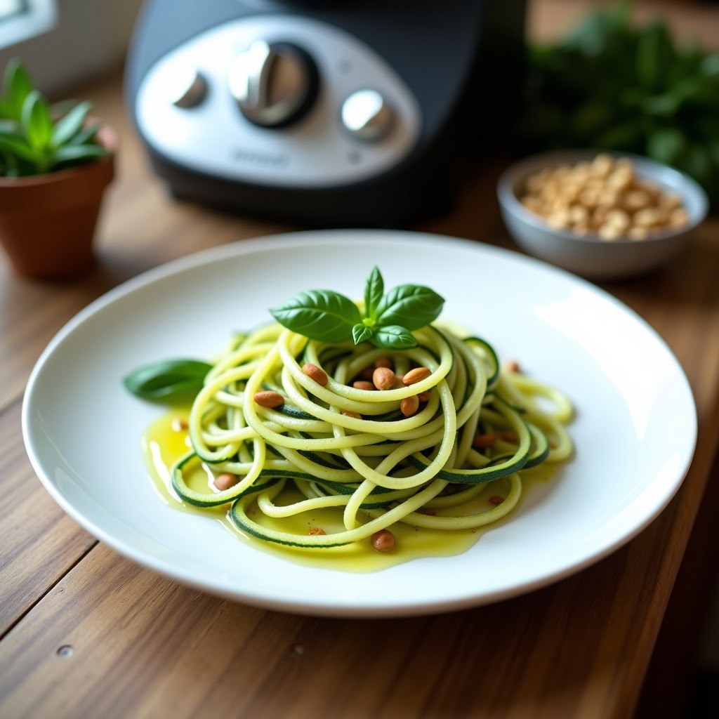 Plato blanco con pasta de calabacín espiralizado fresca, cubierta de pesto verde cremoso de albahaca y piñones tostados, decorada con hojas de albahaca y virutas de parmesano, receta keto sin cocción.