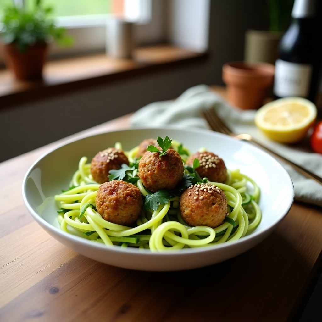 Plato blanco con pasta de calabacín espiralizado verde claro, albóndigas doradas de lentejas y decoración de perejil fresco y semillas de sésamo tostadas. Receta sin gluten y alta en fibra.