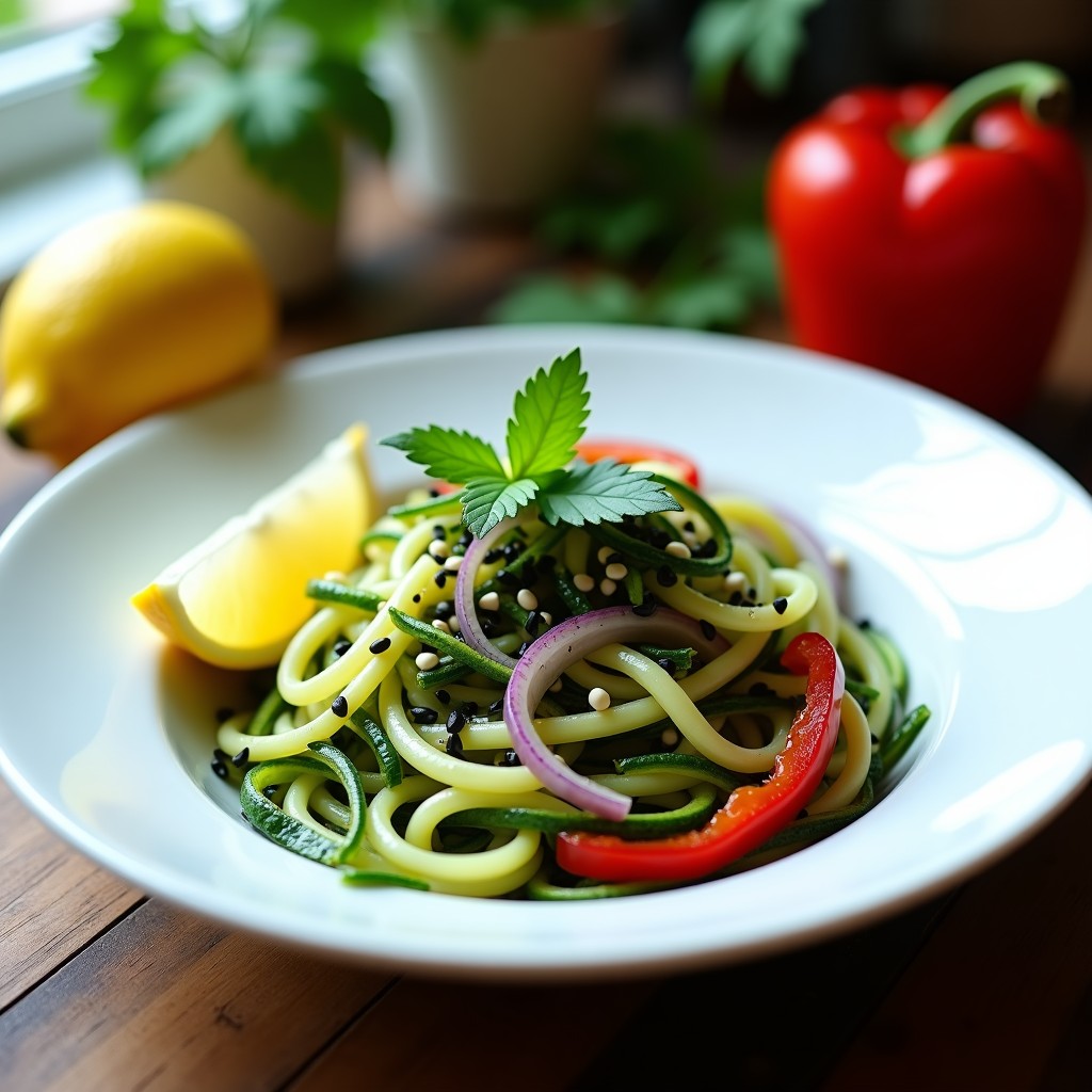 Plato hondo blanco con pasta de calabacín espiralizado fresca, algas wakame hidratadas de color verde oscuro, semillas de sésamo negro y blanco, y tiras de pimiento rojo y cebolla morada. Decorado con cilantro fresco y limón en rodajas, receta keto sin cocción.