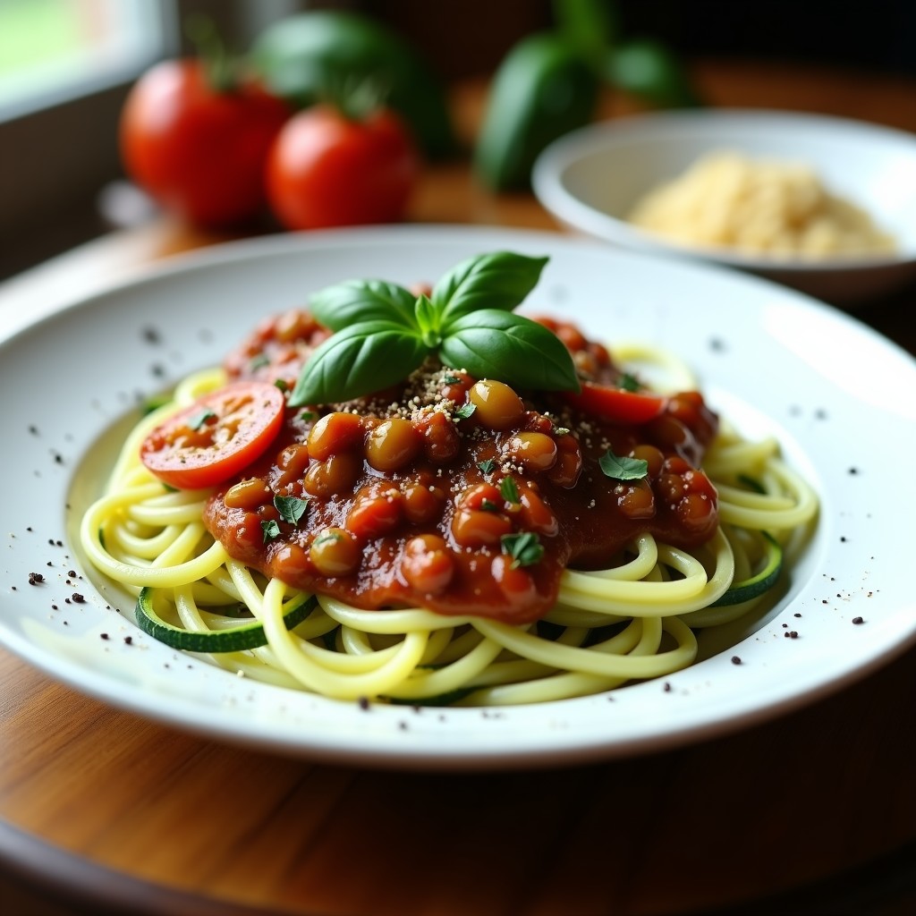 Plato hondo blanco con pasta de calabacín en tiras finas, cubiertas de una bolonesa espesa de hongos shiitake y portobello con trozos de tomates secos. Decorado con hojas de albahaca fresca y un hilo de aceite de oliva virgen extra. Receta vegana keto.