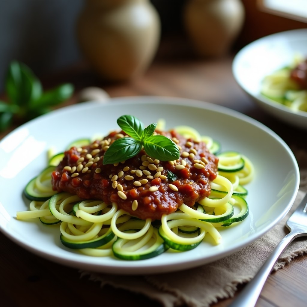 Plato hondo de cerámica blanca con pasta de calabacín espiralizado cubierto de una generosa bolonhesa de hongos shitake vegana, decorada con semillas de sésamo tostadas. La salsa es espesa, oscura y brillante, con trozos visibles de hongos y cebolla. Fondo minimalista con un tenedor de madera.