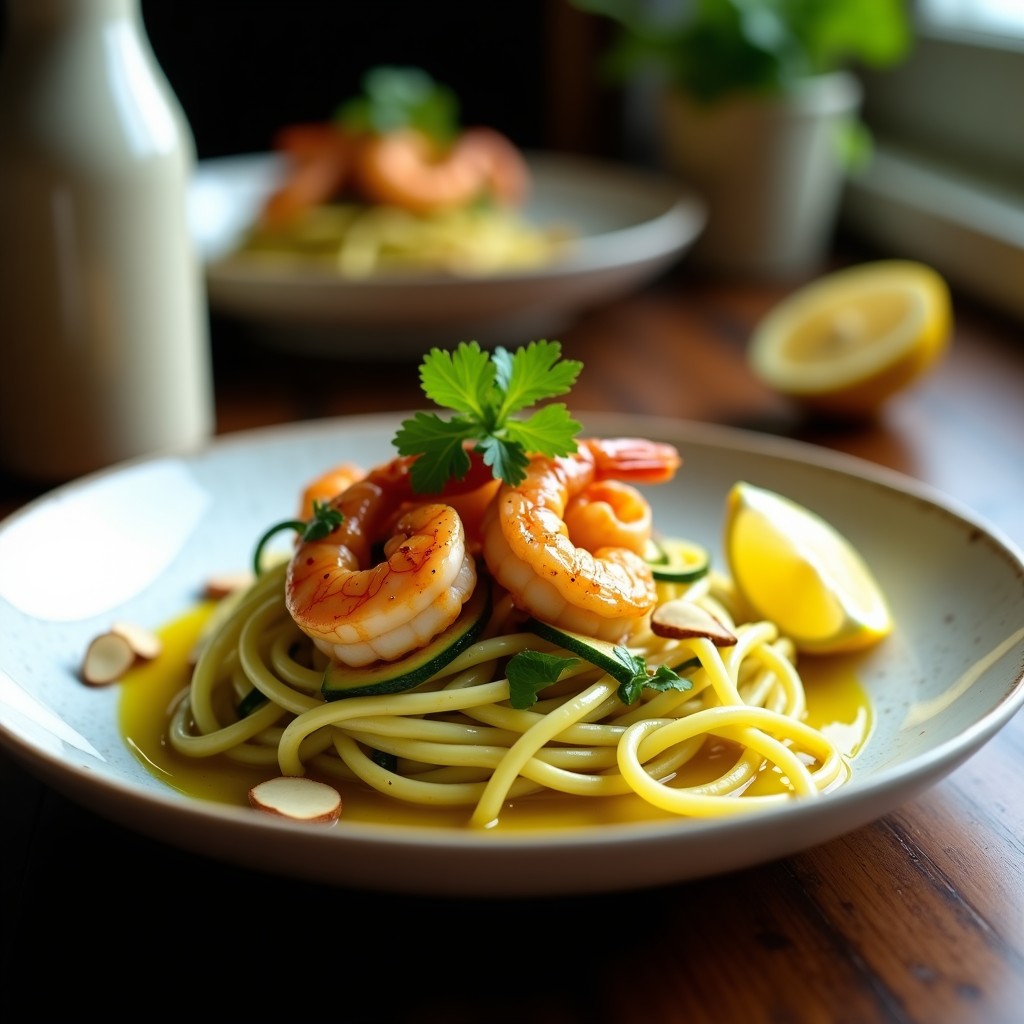 Plato blanco elegante con pasta de calabacín en tiras doradas salteadas, gambas rosadas al ají amarillo, cebolla morada en juliana y perejil fresco. Receta keto peruanizada con aceite de oliva virgen extra brillando.