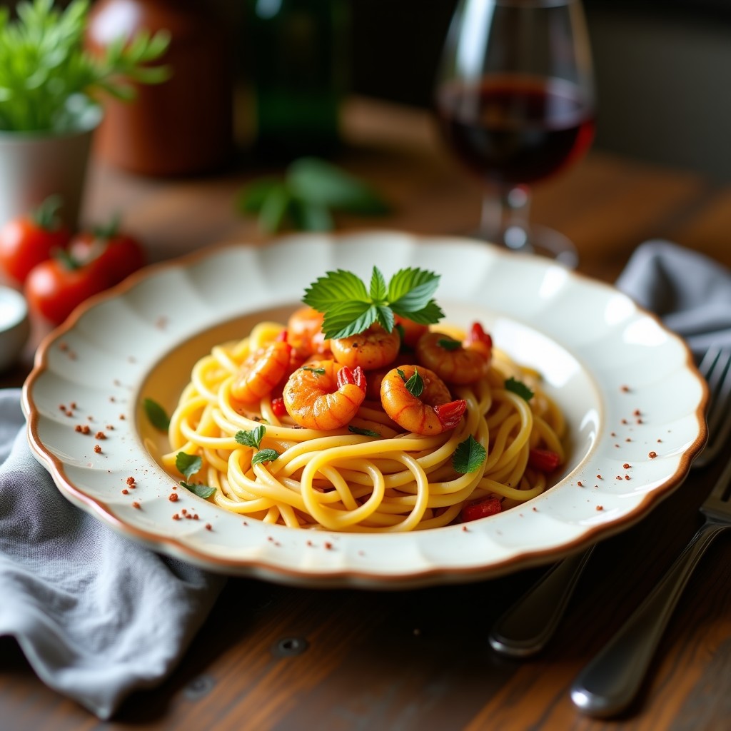 Plato blanco con pasta de calabacín en tiras finas salteadas, gambas rosadas y trozos de ajo dorado, decorado con perejil fresco y almendras tostadas. Receta keto rápida en sartén antiadherente.