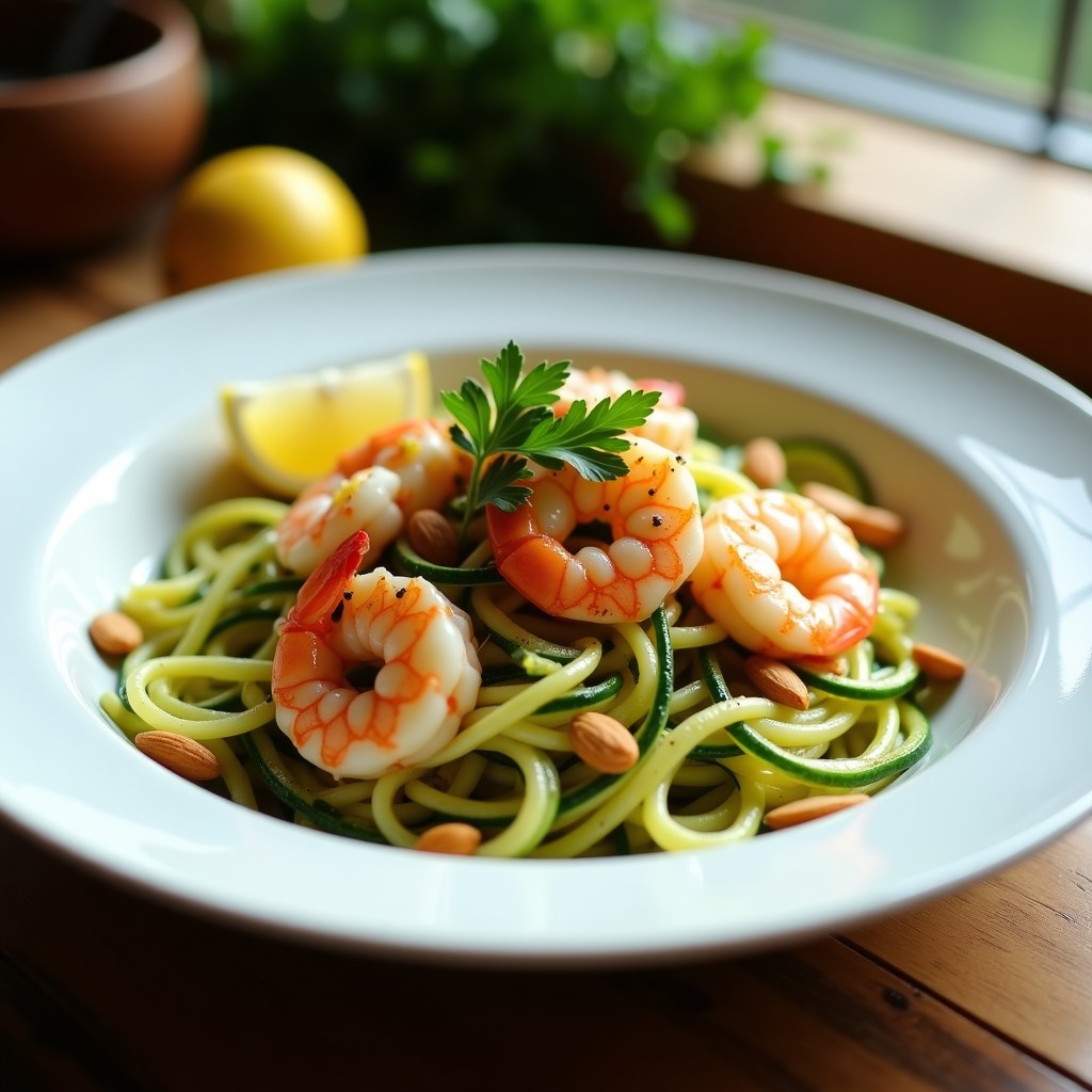 Plato hondo de cerámica blanca con pasta de calabacín en espiral salteada, gamberas rosadas al ajillo, almendras fileteadas tostadas y perejil fresco. Receta low carb en sartén con toque español.