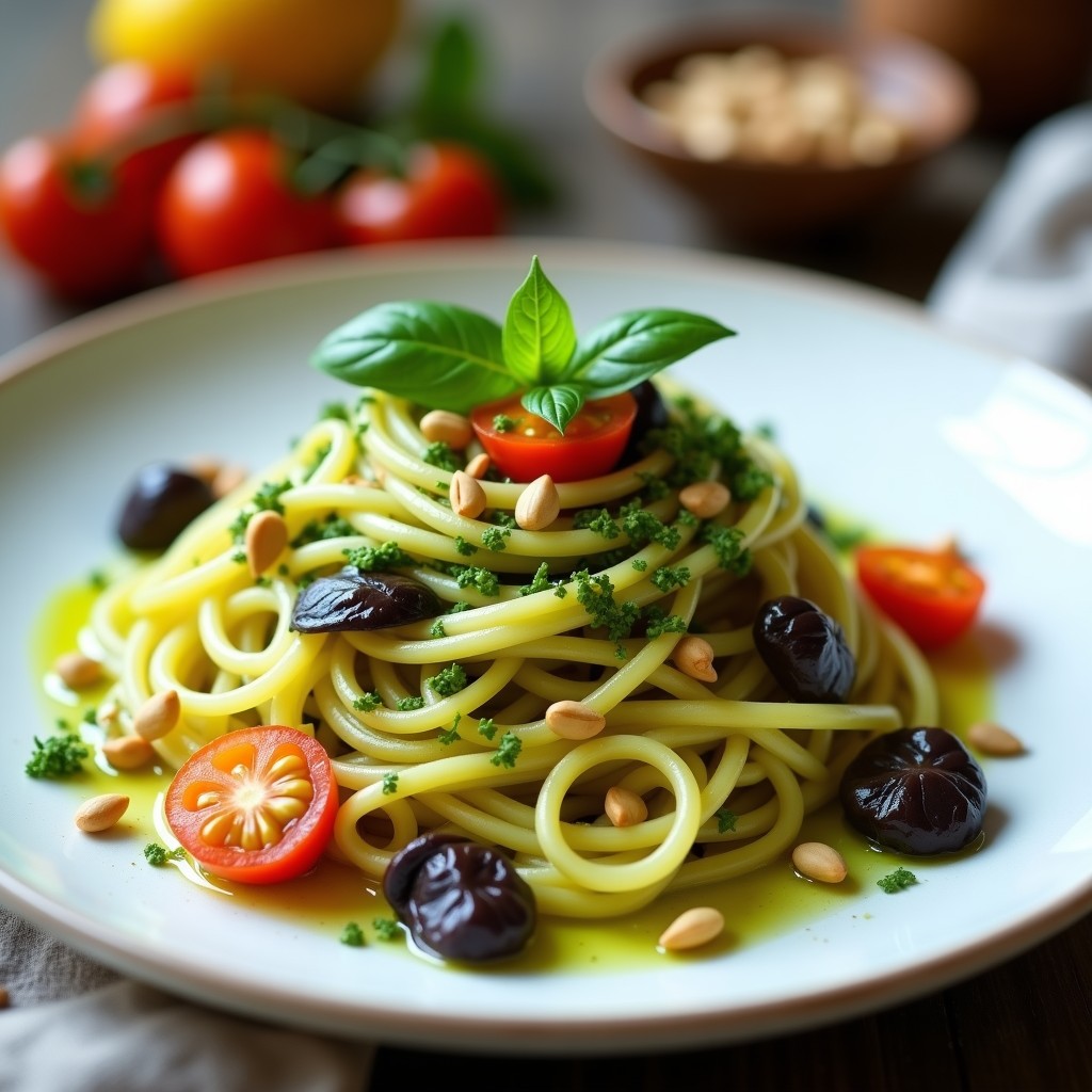 Plato blanco con pasta de calabaza espagueti cruda en tiras finas, bañada en pesto verde de rúcula y piñones, decorada con tomates cherry amarillos, hojas de albahaca morada y piñones tostados. Receta vegana sin cocción.