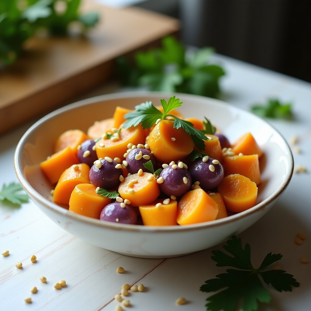Plato hondo de cerámica blanca con pasta de garbanzo dorada, trozos asados de calabaza butternut y ñame morado, bañados en salsa cremosa de tahini y limón. Decorado con semillas de sésamo tostadas y hojas de cilantro fresco. Receta vegana y sin gluten de pasta de calabaza y ñame con salsa de tahini y limón.
