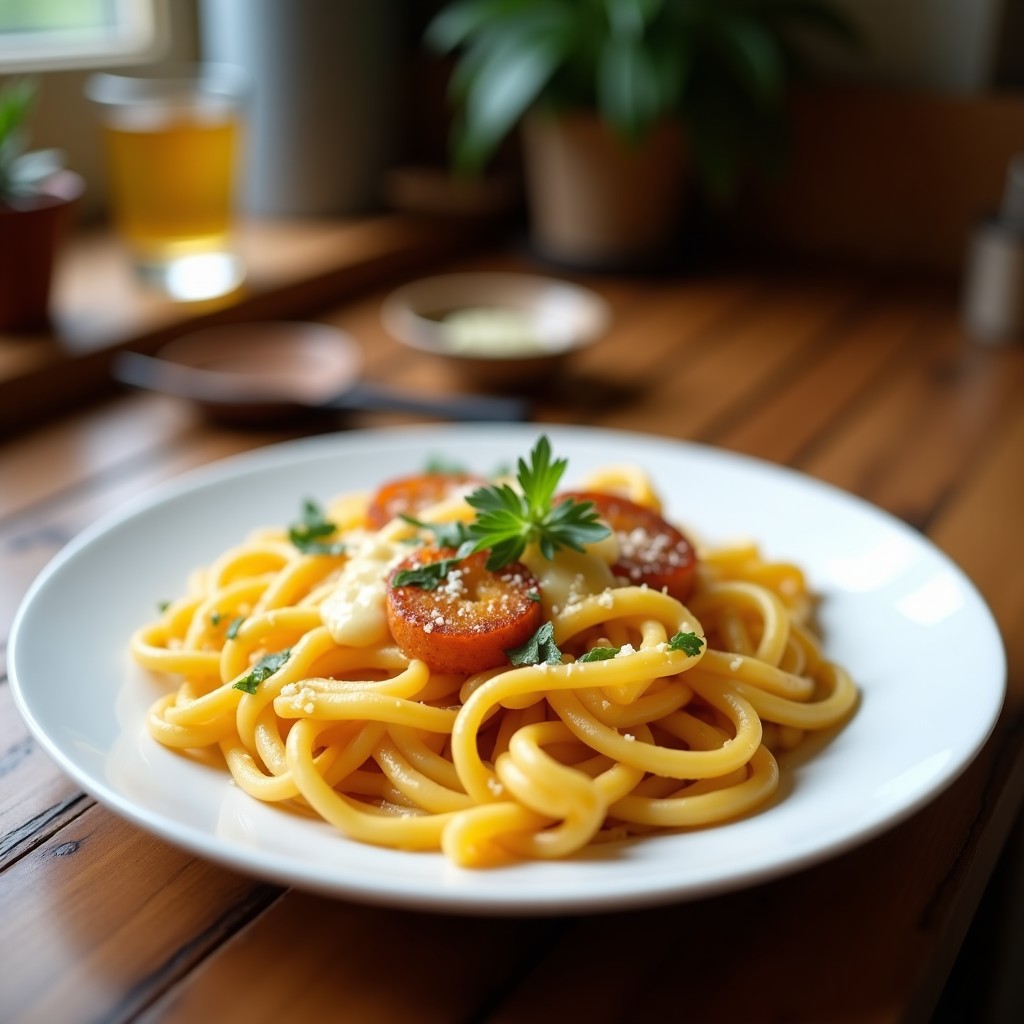 Plato hondo blanco con pasta de coliflor de textura gruesa y dorada, mezclada con cubos de queso feta asado burbujeante y dorado, decorado con almendras fileteadas tostadas y hojas de albahaca fresca. Receta viral de TikTok en airfryer sin gluten.