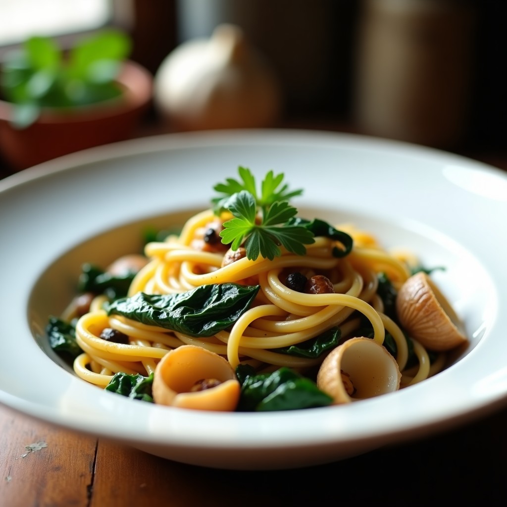 Plato hondo de cerámica blanca con pasta al dente mezclada con espinacas verdes, almejas abiertas y trozos de ajo negro, decorado con perejil fresco. Receta de pasta con espinacas y almejas al ajo negro.