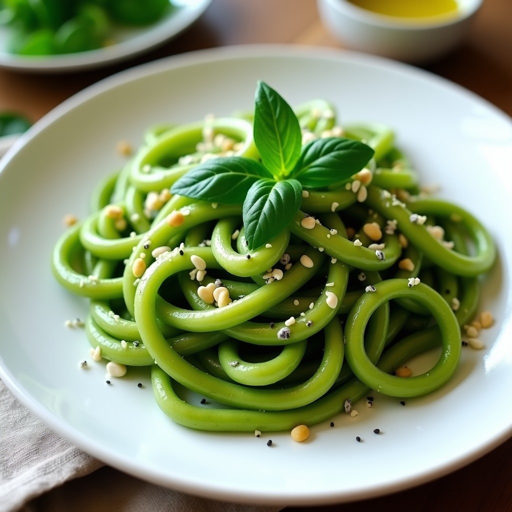 Plato blanco con pasta verde de espinacas y aloe vera, bañada en un pestito cremoso de albahaca y anacardos. Decorado con hojas de albahaca fresca y semillas de chía, sobre un mantel de lino crudo. Receta vegana sin gluten.