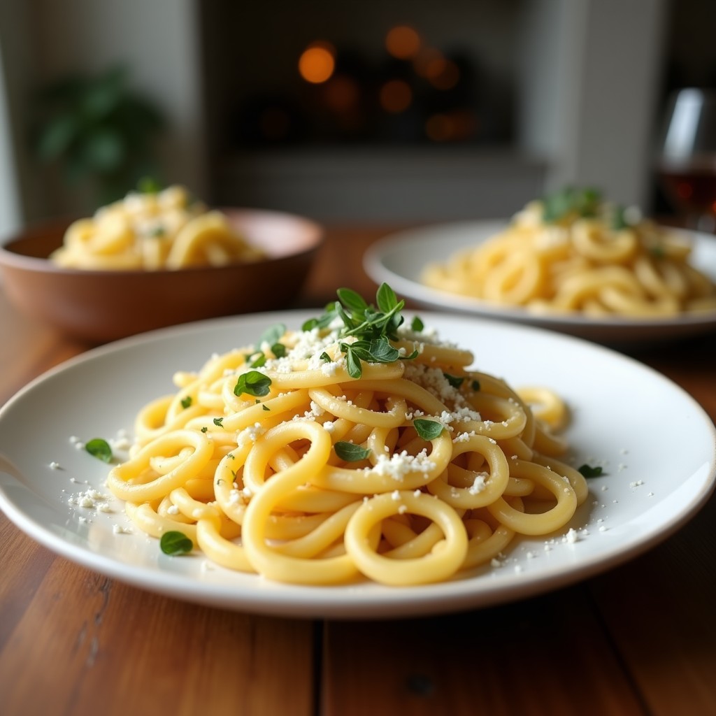 Plato hondo blanco con pasta corta bañada en salsa cremosa de gorgonzola y espinacas, espolvoreada con piñones dorados y pimienta negra, receta en airfryer.