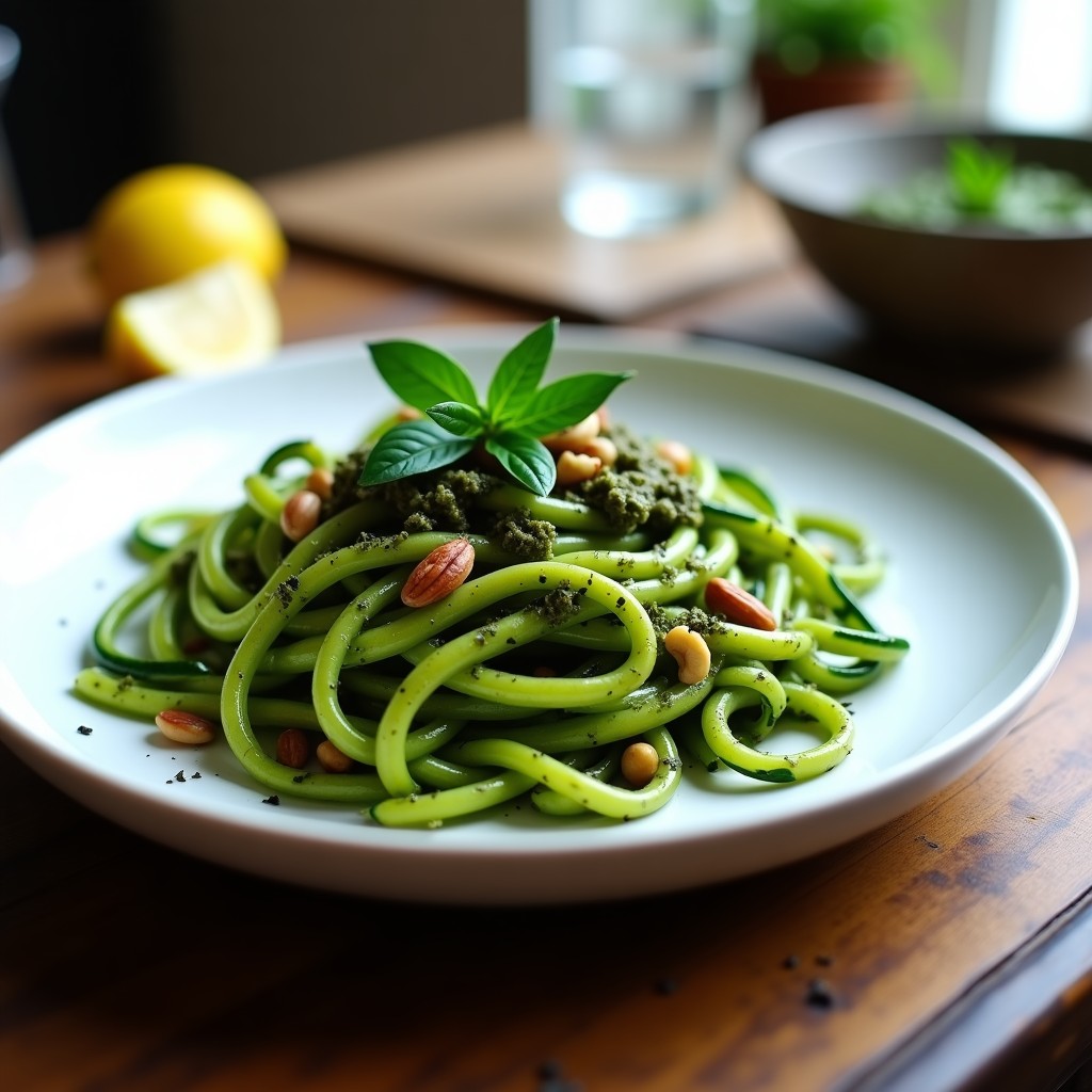 Plato elegante con pasta de calabacín espiralizado de color verde esmeralda por la espirulina, cubierto con un vibrante pesto de albahaca negra y decorado con semillas de chía y piñones tostados. Receta low carb y detox en Thermomix.